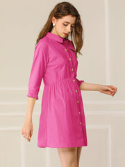 Ruched 3/4 Sleeve Button Up Casual Mini Shirt Dress