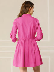 Ruched 3/4 Sleeve Button Up Casual Mini Shirt Dress