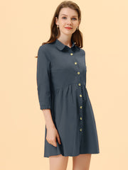 Ruched 3/4 Sleeve Button Up Casual Mini Shirt Dress