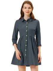 Ruched 3/4 Sleeve Button Up Casual Mini Shirt Dress
