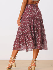 Ruffle Boho Chiffon Floral Printed Long Tiered Midi Skirt