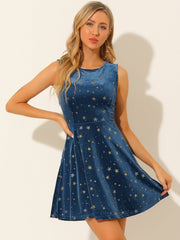 Shiny Stars Print Sleeveless Swing Mini Velvet Dress