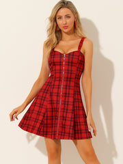 Plaid Zipper Front Party Strap Sleeveless Tube Mini A-Line Dress