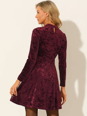 Keyhole Neck High Waist Long Sleeve Velvet Swing Mini Dress