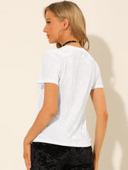 Velvet Crew Neck Short Sleeve Casual T-Shirt Top