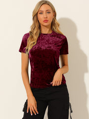 Velvet Crew Neck Short Sleeve Casual T-Shirt Top
