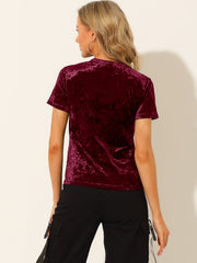 Velvet Crew Neck Short Sleeve Casual T-Shirt Top