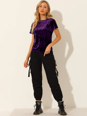 Velvet Crew Neck Short Sleeve Casual T-Shirt Top