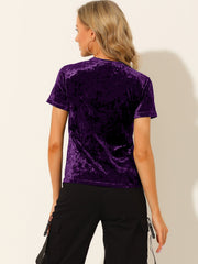 Velvet Crew Neck Short Sleeve Casual T-Shirt Top