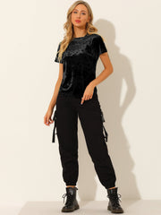 Velvet Crew Neck Short Sleeve Casual T-Shirt Top