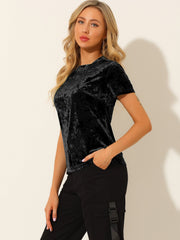 Velvet Crew Neck Short Sleeve Casual T-Shirt Top