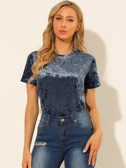 Velvet Crew Neck Short Sleeve Casual T-Shirt Top