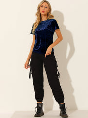 Velvet Crew Neck Short Sleeve Casual T-Shirt Top