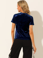 Velvet Crew Neck Short Sleeve Casual T-Shirt Top