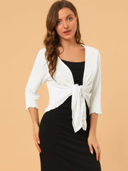 Open Front Knit Cardigan Tied 3/4 Sleeve Bolero Shrug