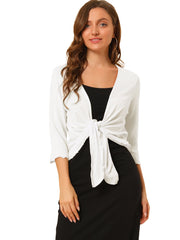 Open Front Knit Cardigan Tied 3/4 Sleeve Bolero Shrug