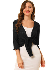 Open Front Knit Cardigan Tied 3/4 Sleeve Bolero Shrug