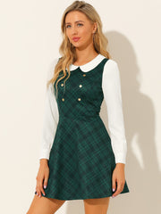 Peter Pan Collar Contrast Color Button Decor Plaid Dress