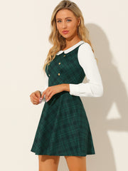 Peter Pan Collar Contrast Color Button Decor Plaid Dress