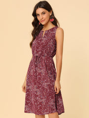 Floral Drawstring Waist Sleeveless A-Line Midi Dress Sundress