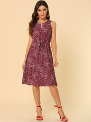 Floral Drawstring Waist Sleeveless A-Line Midi Dress Sundress