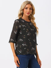 Casual Ruffle Floral Print 3/4 Sleeve Chiffon Blouse