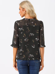 Casual Ruffle Floral Print 3/4 Sleeve Chiffon Blouse