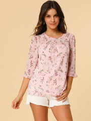 Casual Ruffle 3/4 Sleeve Floral Print Chiffon Blouse