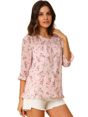 Casual Ruffle 3/4 Sleeve Floral Print Chiffon Blouse