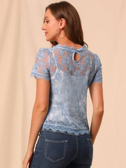 Lace Floral Scalloped Trim Short Sleeve Semi Sheer Blouse