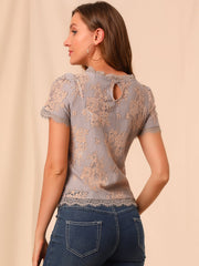 Lace Floral Scalloped Trim Short Sleeve Semi Sheer Blouse