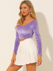 Velvet Long Sleeve Off Shoulder Solid Crop Top
