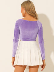 Velvet Long Sleeve Off Shoulder Solid Crop Top