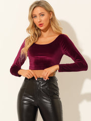 Velvet Long Sleeve Off Shoulder Solid Crop Top