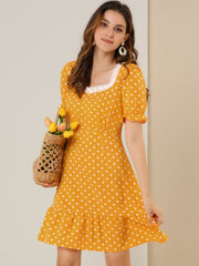 Summer Sweetheart Neck Ruffled Hem Puff Short Sleeve Polka Dots Dress