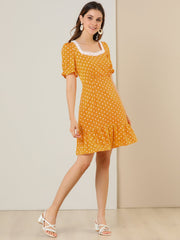 Summer Sweetheart Neck Ruffled Hem Puff Short Sleeve Polka Dots Dress