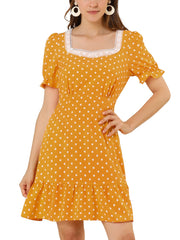 Summer Sweetheart Neck Ruffled Hem Puff Short Sleeve Polka Dots Dress