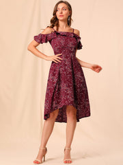 Spaghetti Strap Asymmetrical High Low Floral A-Line Midi Dress