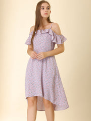 Spaghetti Strap Asymmetrical High Low Floral A-Line Midi Dress