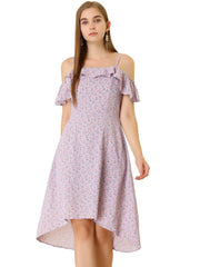 Spaghetti Strap Asymmetrical High Low Floral A-Line Midi Dress