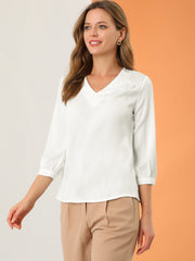 Casual Office Blouse 3/4 Sleeve V Neck Satin Shirt