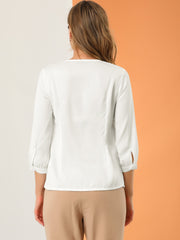 Casual Office Blouse 3/4 Sleeve V Neck Satin Shirt