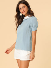 Pleated Contrast Peter Pan Collar Puff Short Sleeve Blouse