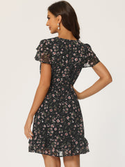 Ruffle Sleeve V Neck Above Knee A-Line Floral Chiffon Dress