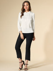 Ruffle Neck Bubble Sleeve Elastic Cuff Button Satin Blouse