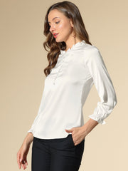 Ruffle Neck Bubble Sleeve Elastic Cuff Button Satin Blouse
