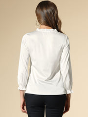 Ruffle Neck Bubble Sleeve Elastic Cuff Button Satin Blouse