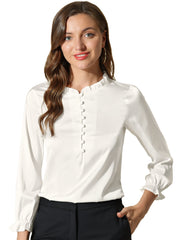 Ruffle Neck Bubble Sleeve Elastic Cuff Button Satin Blouse