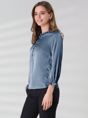 Ruffle Neck Bubble Sleeve Elastic Cuff Button Satin Blouse