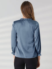 Ruffle Neck Bubble Sleeve Elastic Cuff Button Satin Blouse